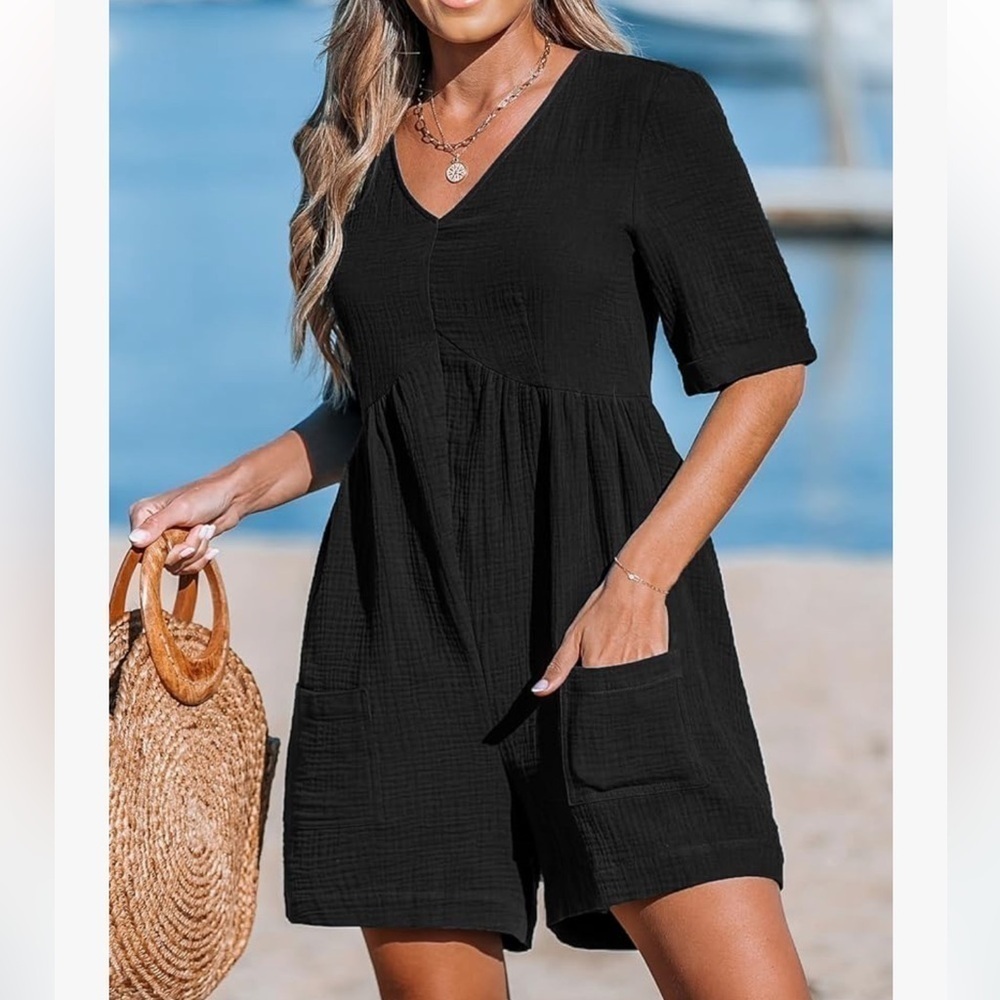 CUPSHE V-Neck Wide Leg Romper Short Sleeves Overall Pockets Outfit Casual new